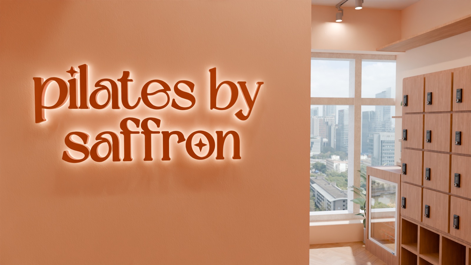 The Pilates by Saffron logo above the lockers
